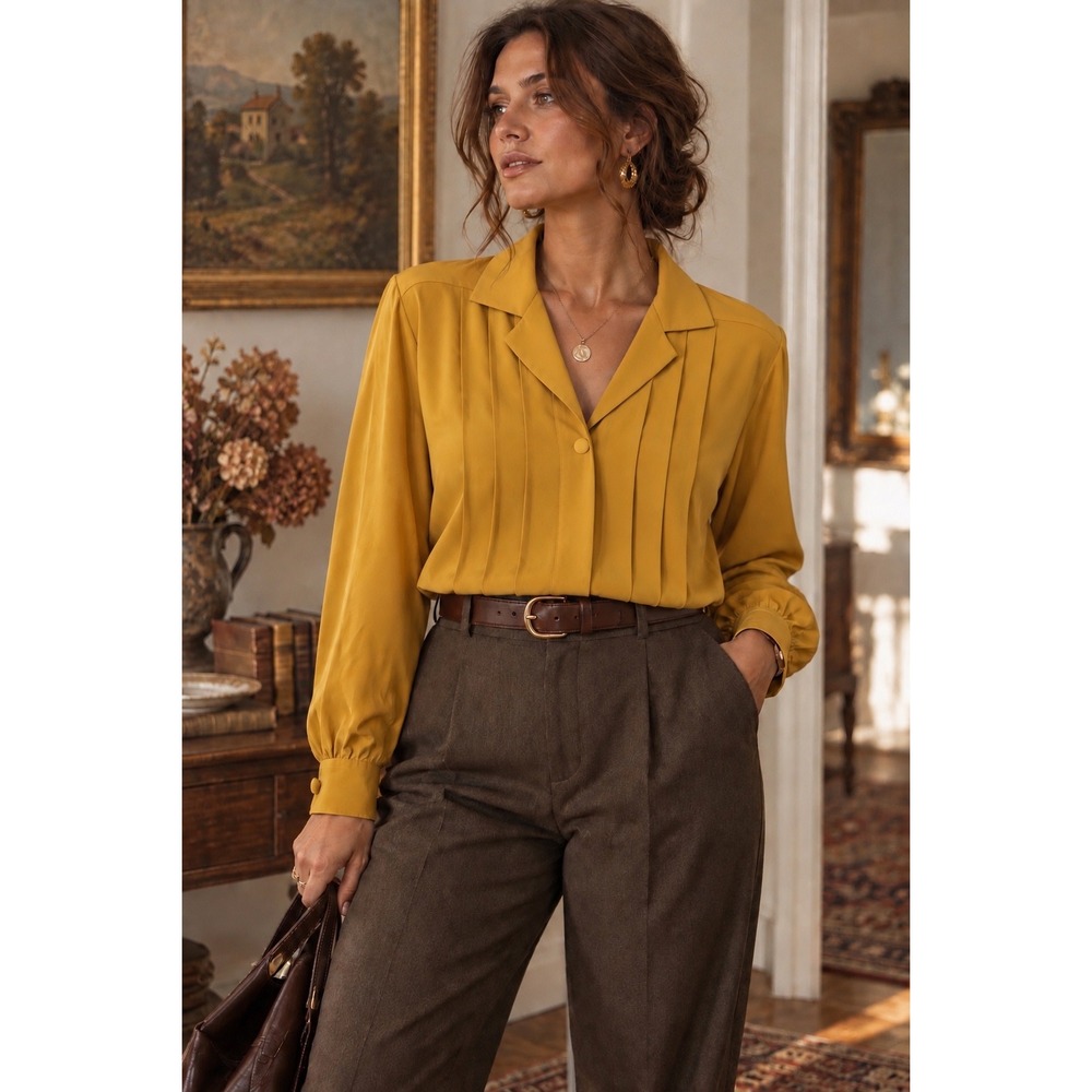 Vtg. Silk Focus Mustard Yellow 100% Silk Pintuck Pleated Long Sleeve Blouse  4